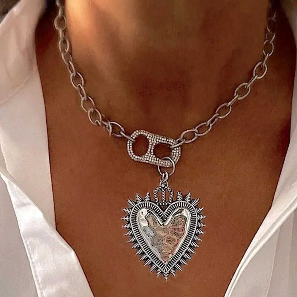 Silver Heart Pig nose Chain Link Necklace Boho Vintage Exaggerated Oversized